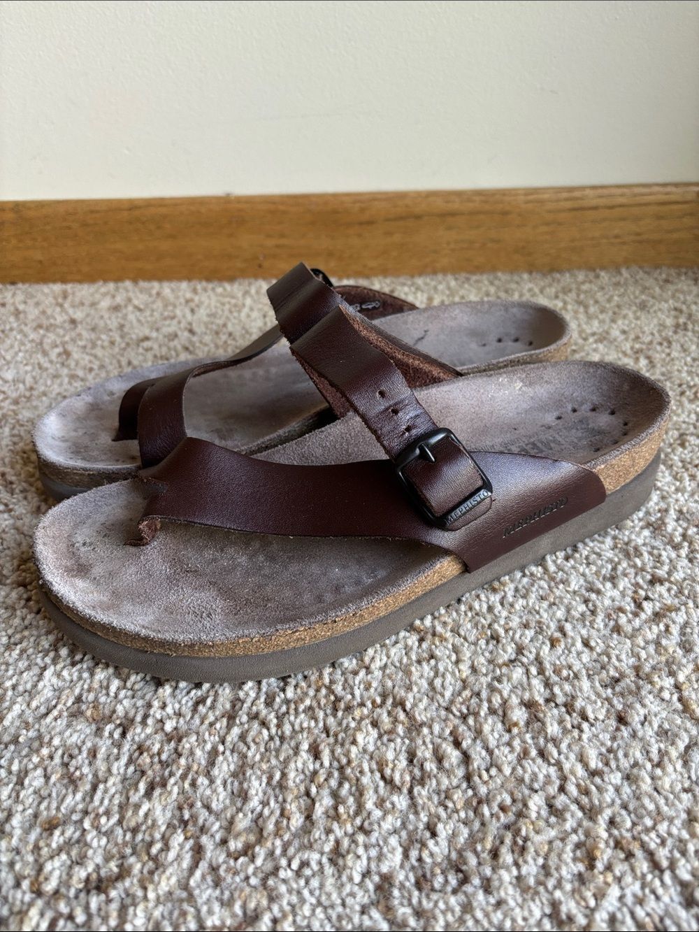 Mephisto Helen Women’s Brown Leather Cork Sole Thong Sandals Eu 39 US 8-8.5